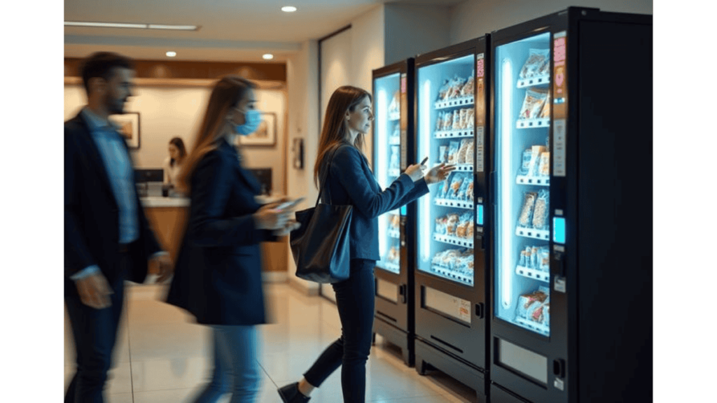 Employees using a Smart Pantry vending system in a contemporary workplace