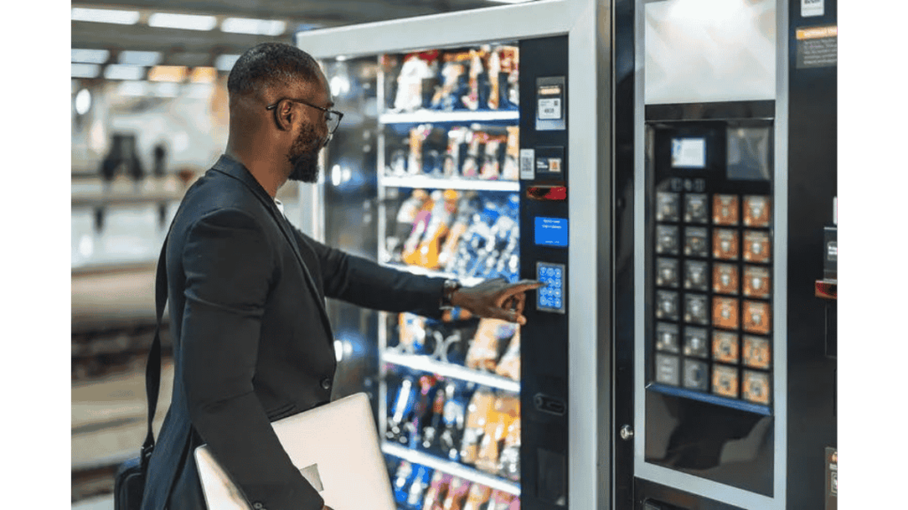 Employees using a vending machine in a hybrid office in Malaysia