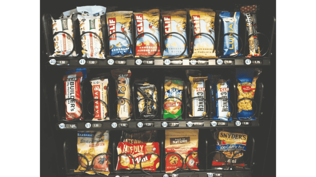 Healthy snacks displayed in an office vending machine