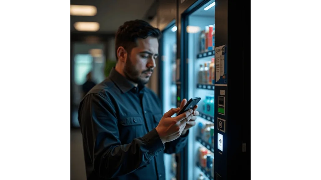 Office staff using a cashless vending machine in Malaysia