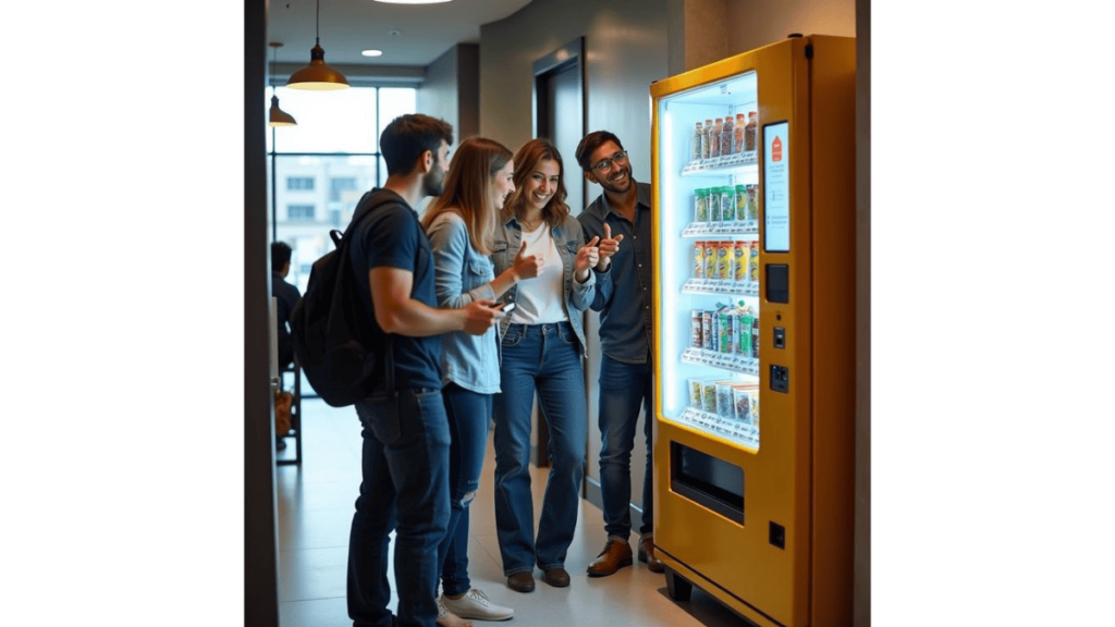 employees standing in front of office vending machine