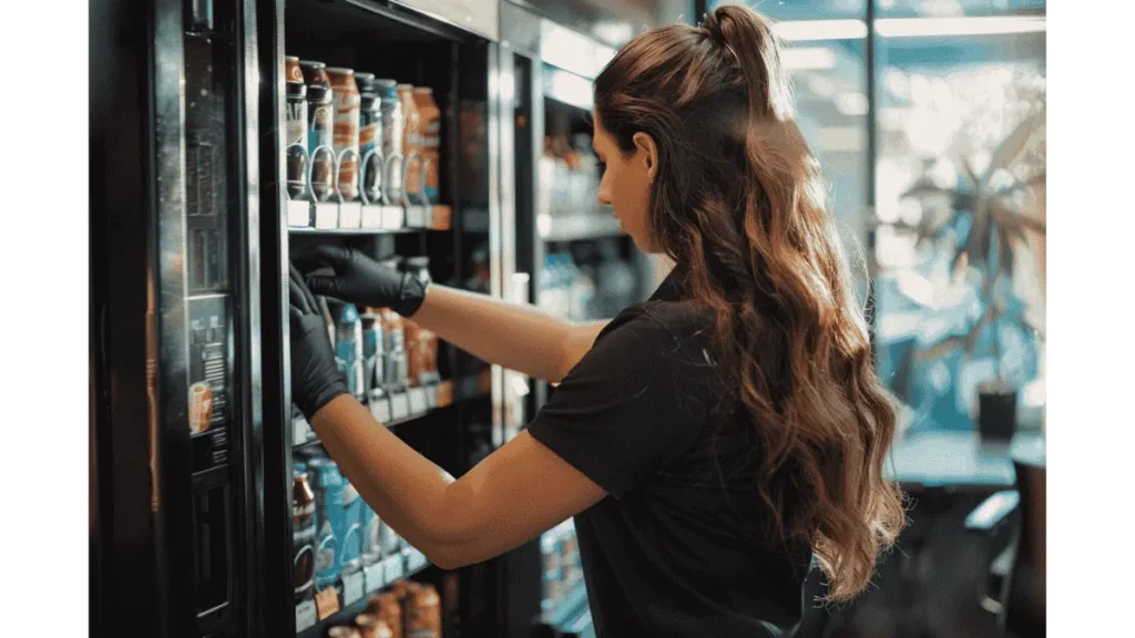 women replenishing product on a vending machine