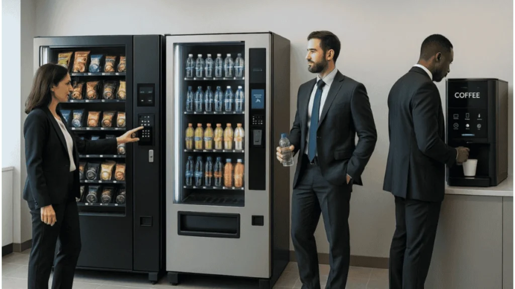 Employees chatting in front of office vending machine