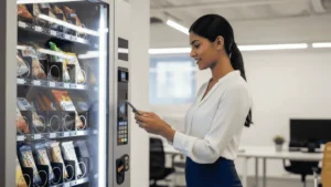 Employees choosing snacks from vending machine