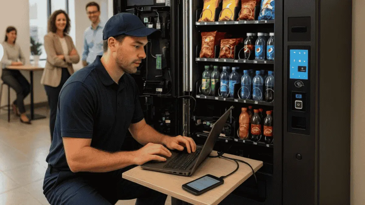 Technician checking vending machine temperature