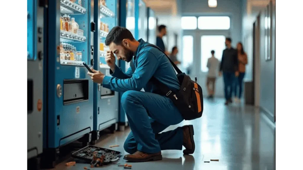 Technician servicing vending machine components