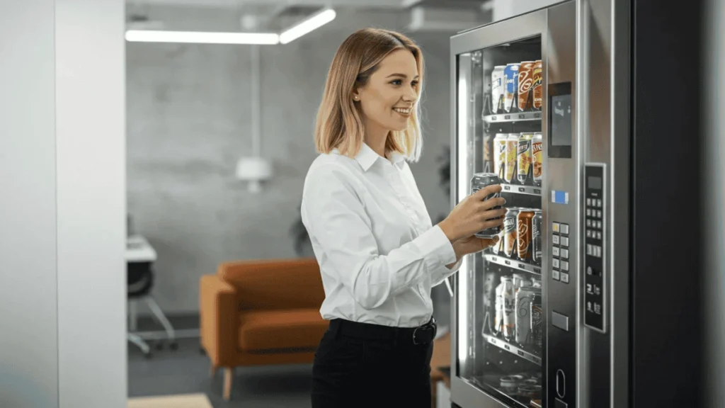 office staff purchasing item from a vending machine