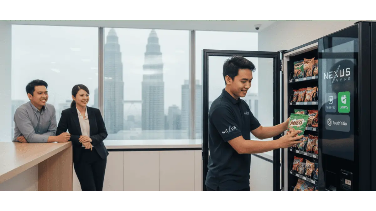 vending machine technician refilling snacks in a vending machine