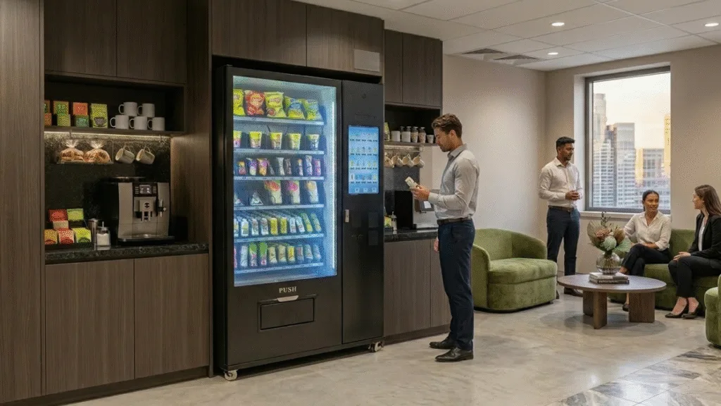 a snack and drinks vending machine in a Malaysian office