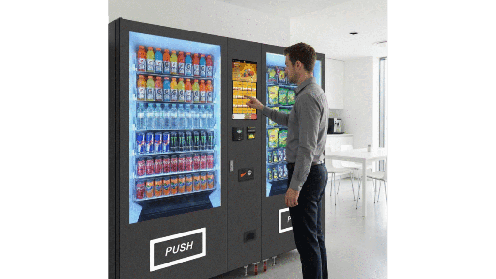 an office staff buying drinks from a vending machine