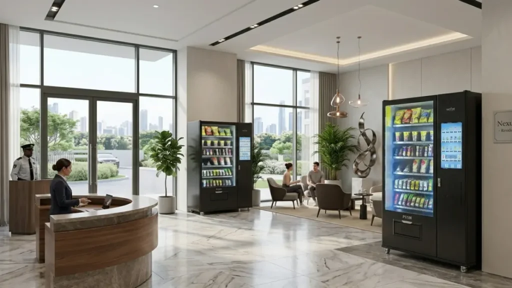 two units of vending mahcine in a residence lobby
