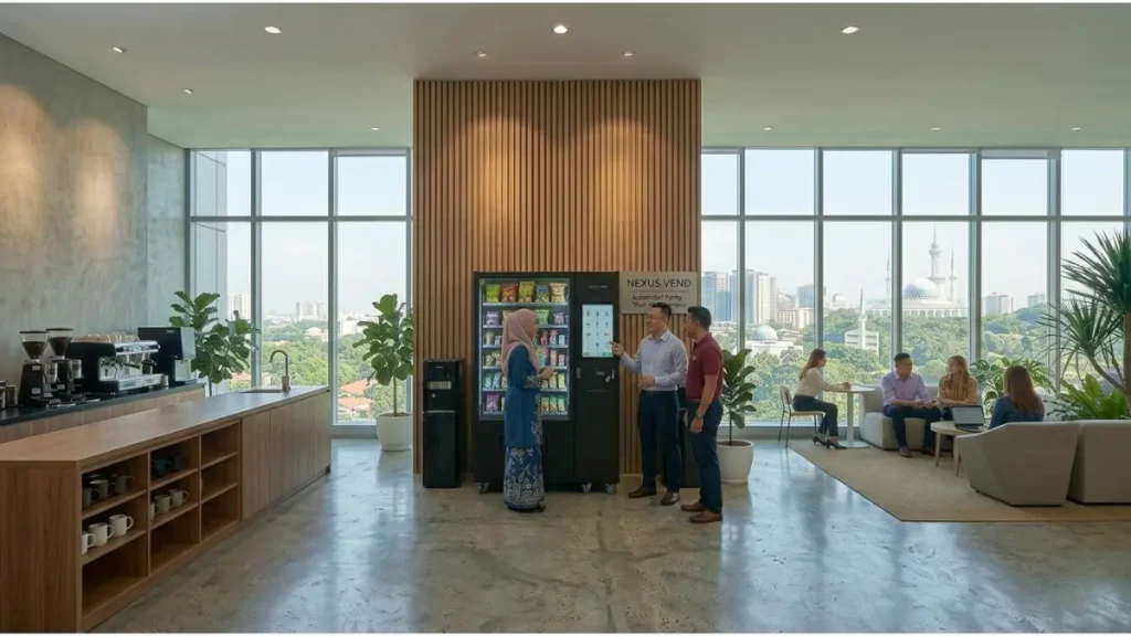 three staffs having conversation in front of a vending machine in office pantry